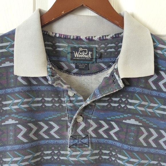 Woolrich 80's Vintage Funky Aztec Printed Short Sleeve Henley Polo Shirt Blue L - Picture 2 of 9